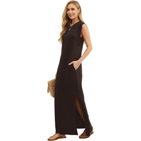 Grecerelle Women Dark Coffee Round Neck Loose Split Wrinkle-Free Long Maxi Dress - Picture 2 of 6
